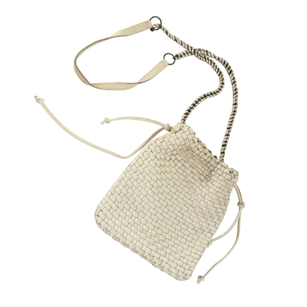 Linea Pelle Woven Leather Crossbody Bag Cream Ivory Bucket‎ Purse